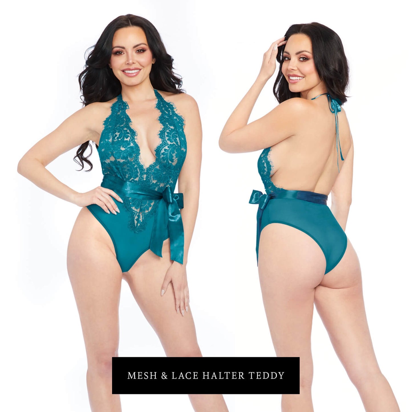 Teal Mesh & Lace Halter Teddy