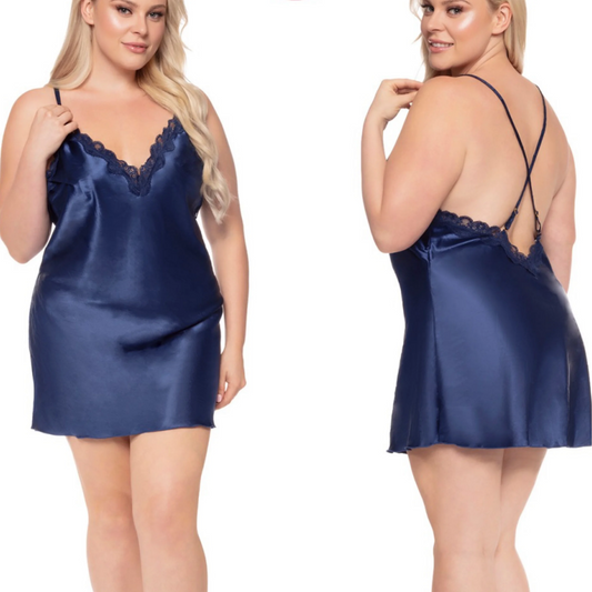 Satin Chemise with Lace (Blue)